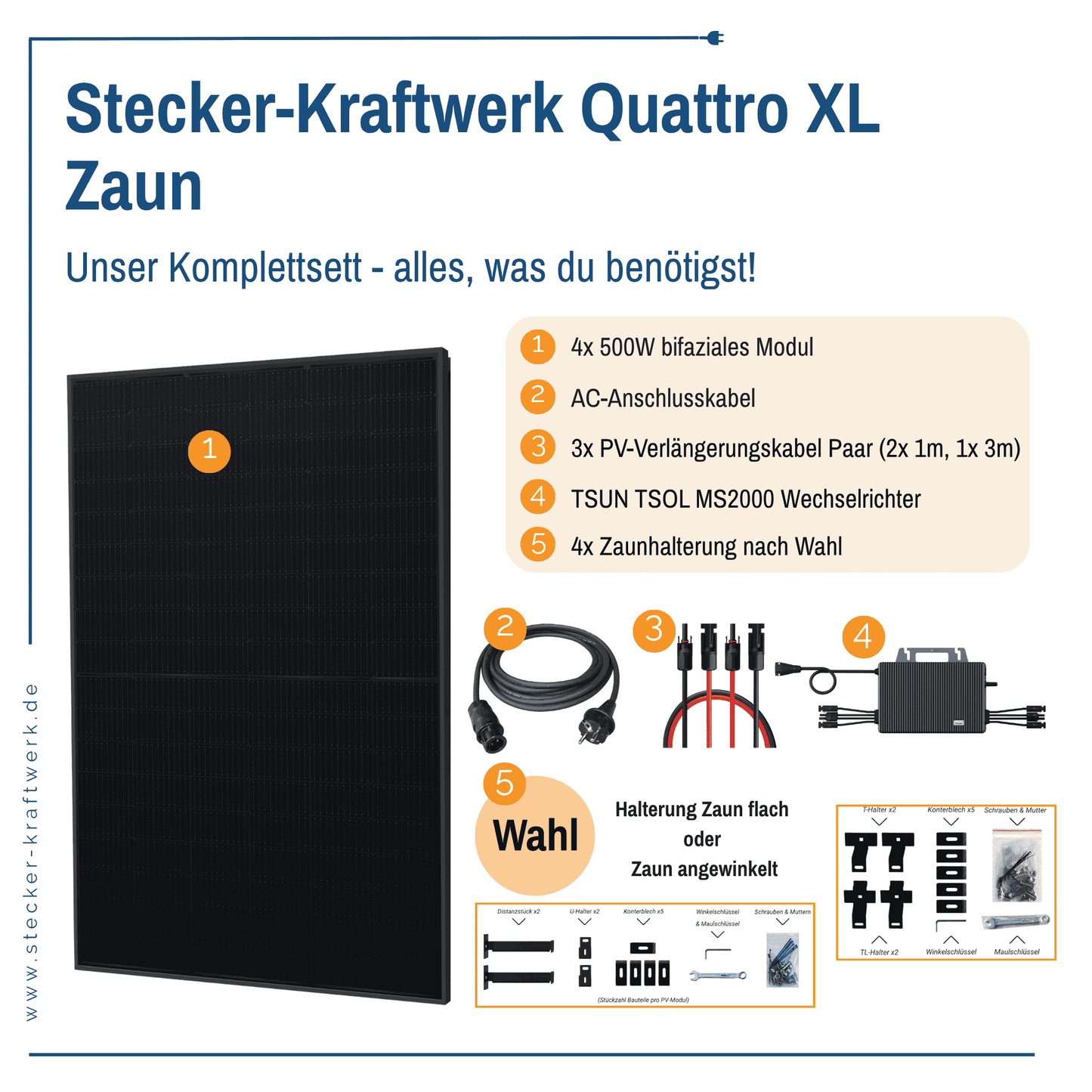 Stecker-Kraftwerk Quattro fĂĽr Zaun XL mit 2000Wp+