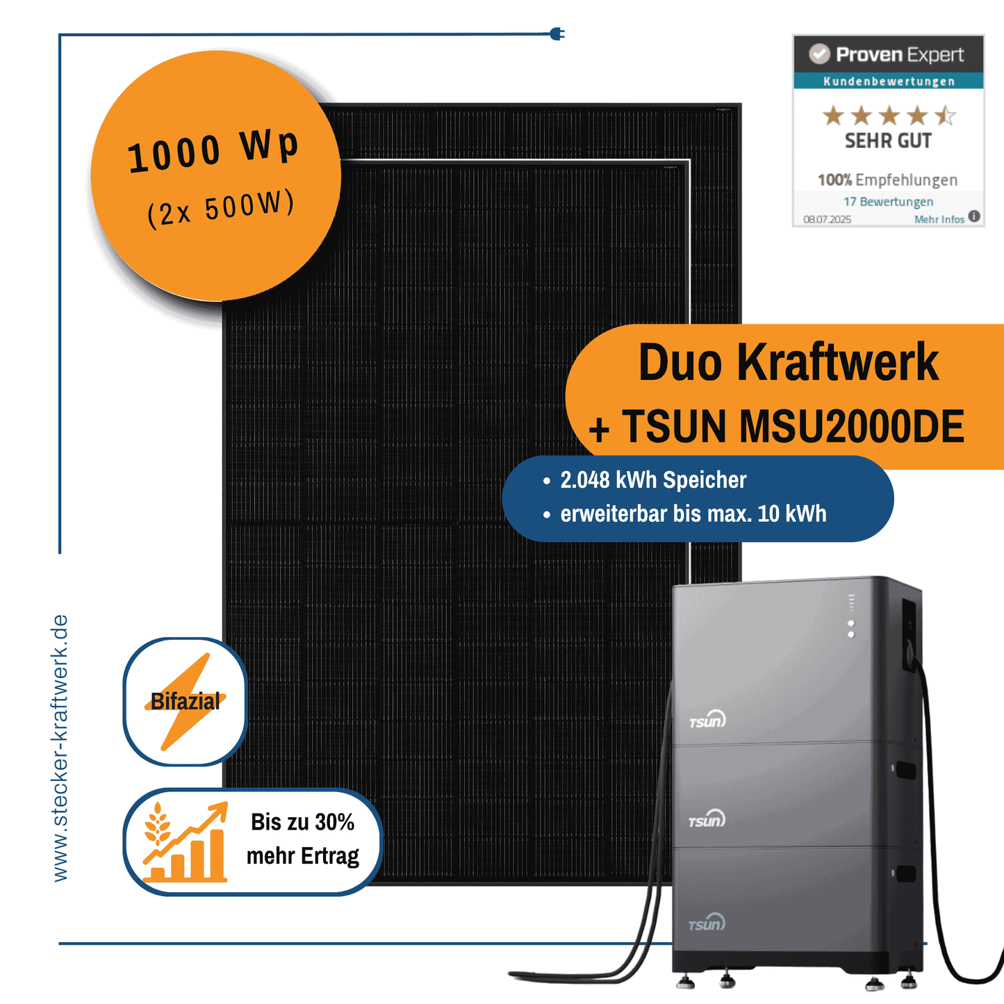 Stecker-Kraftwerk Duo XL ohne Halterung mit TSUN MSU 2000DE Batteriespeicher ab