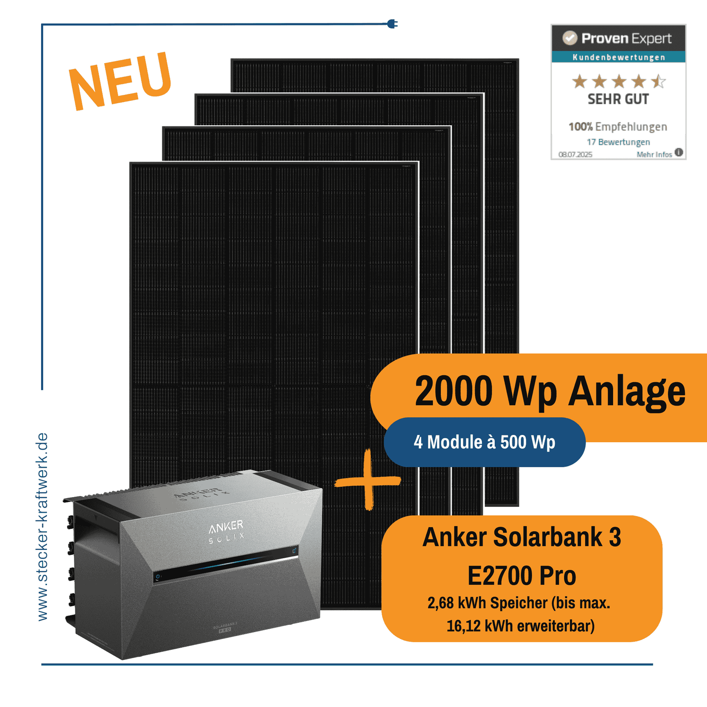 Stecker-Kraftwerk Quattro XL 2000 Wp für Flachdach mit ANKER Solarbank 3 E2700 Pro
