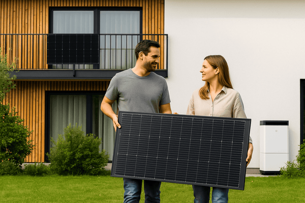 Mann und Frau tragen Balkonkraftwerk