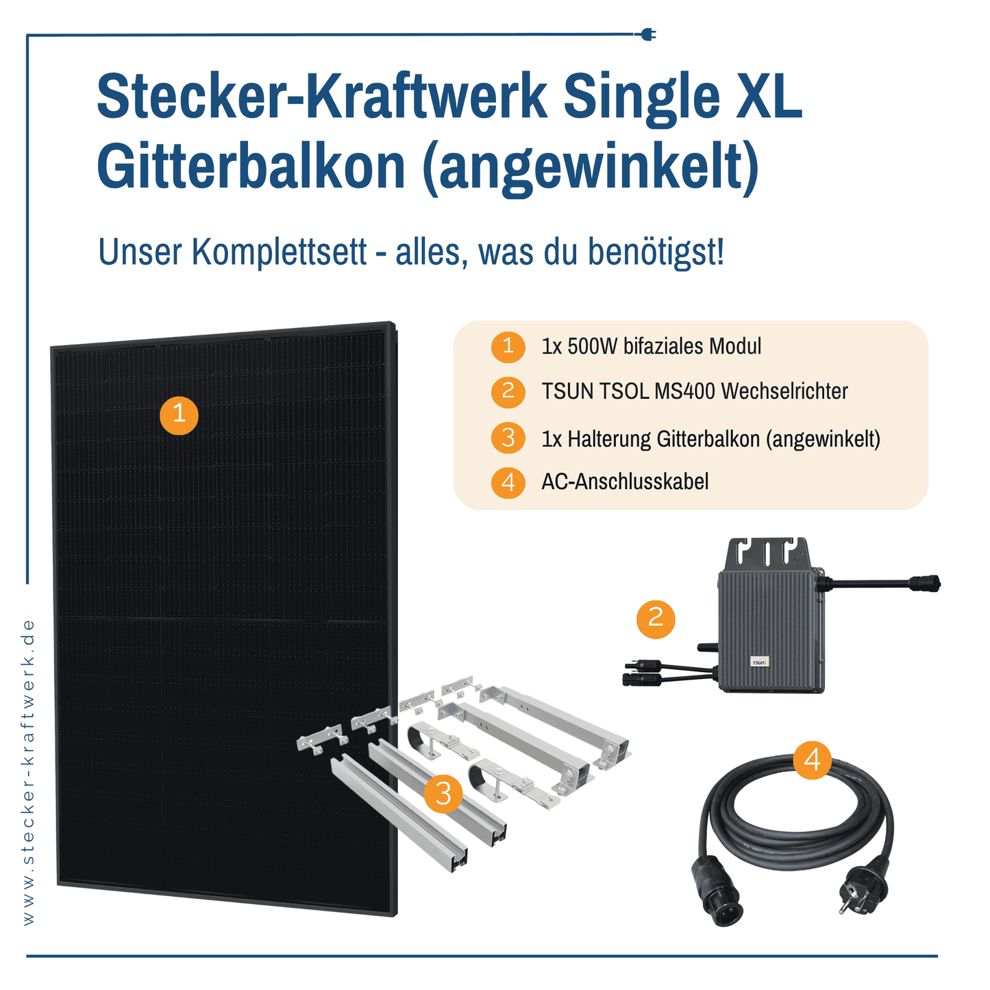 Stecker-Kraftwerk Single für Gitterbalkon XL mit 500Wp+