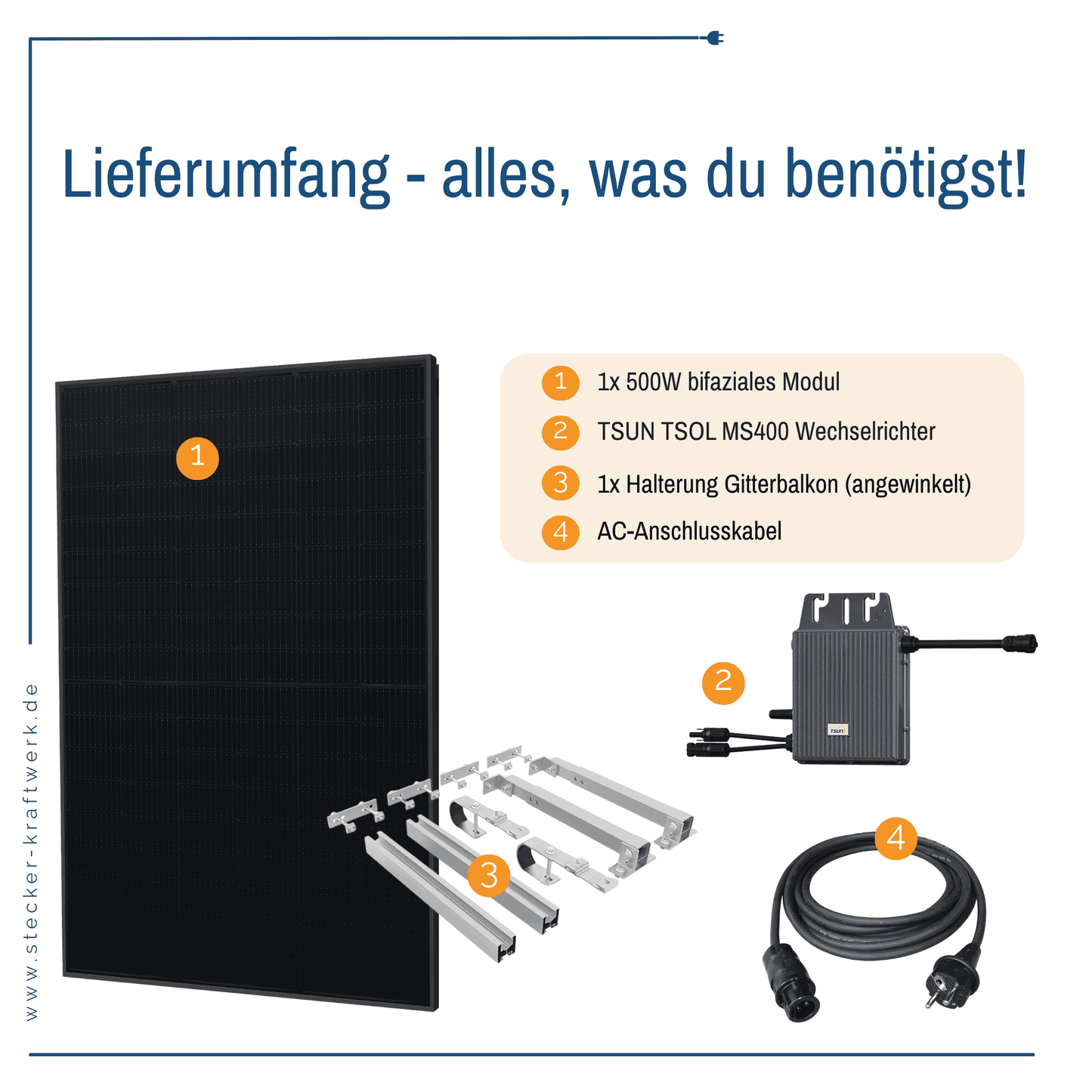 Stecker-Kraftwerk Single für Gitterbalkon XL mit 500Wp+