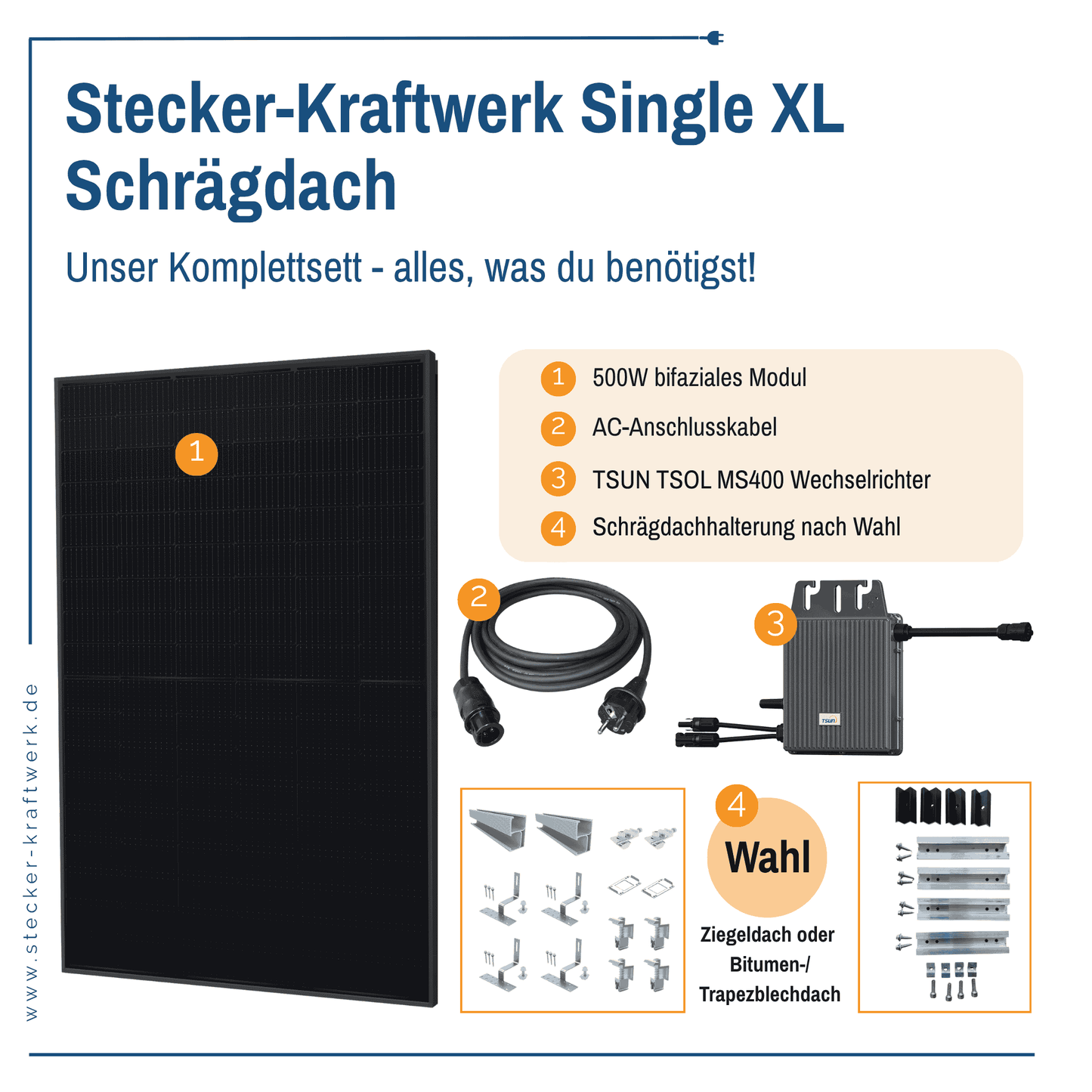 Stecker-Kraftwerk Single für Schrägdach XL mit 500Wp+