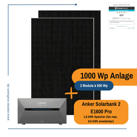 Stecker-Kraftwerk Duo ohne Halterung XL 1000 Wp mit ANKER Solarbank 2 E1600 Pro