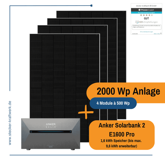 Stecker-Kraftwerk Quattro ohne Halterung XL 2000 Wp mit ANKER Solarbank 2 E1600 Pro