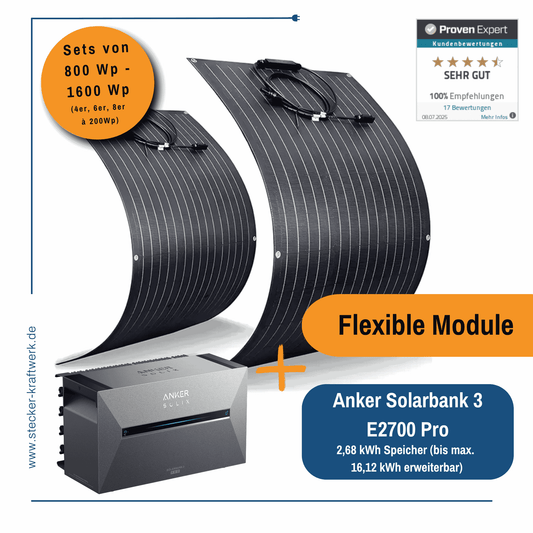 Stecker-Kraftwerk Flexible Module mit ANKER Solarbank 3 E2700 Pro Batteriespeicher ab